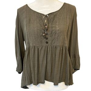 Altar’d State Boho Blouse, Green Beaded Lace Trim Bohemian 3/4 Sleeve Top Medium